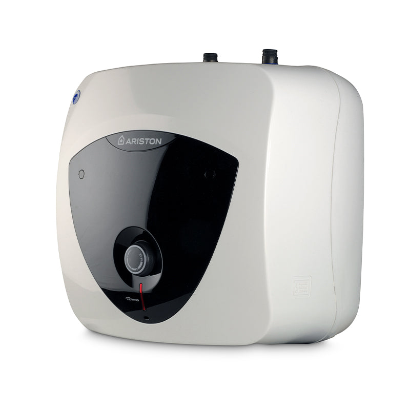 Ariston wall-mounted water heater in a light gray/off-white finish with a prominent black front control panel, shown on a solid white background.