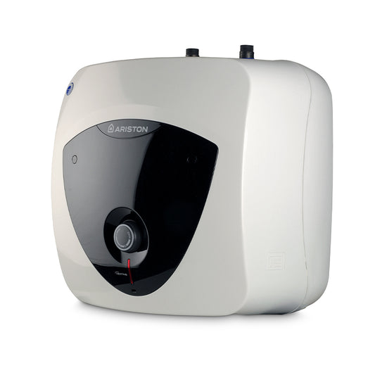 Ariston wall-mounted water heater in a light gray/off-white finish with a prominent black front control panel, shown on a solid white background.