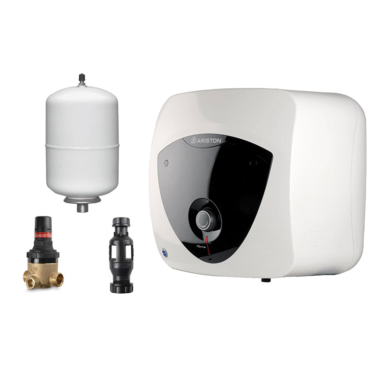 Ariston electric water heater shown with a white cylindrical expansion vessel, a brass and black pressure relief valve, and a black cylindrical component on a plain white background.