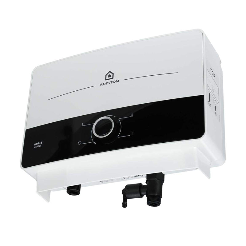 Ariston Aures electric water heater in white and black, featuring a central rotary dial control, shown on a solid white background.