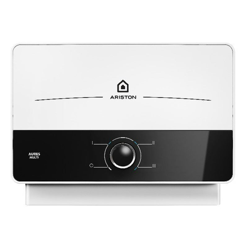 Ariston AURES Multi water heater wall unit in white and black, featuring a digital display and rotary control dial.