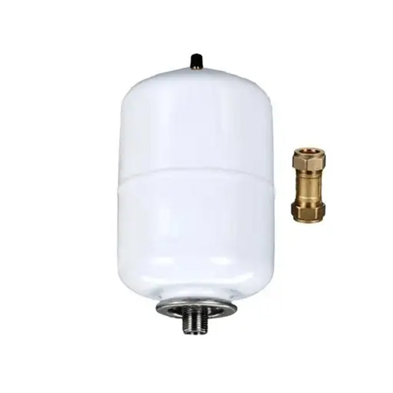 A white cylindrical expansion relief tank with a brass fitting and a silver threaded base, shown on a plain white background.