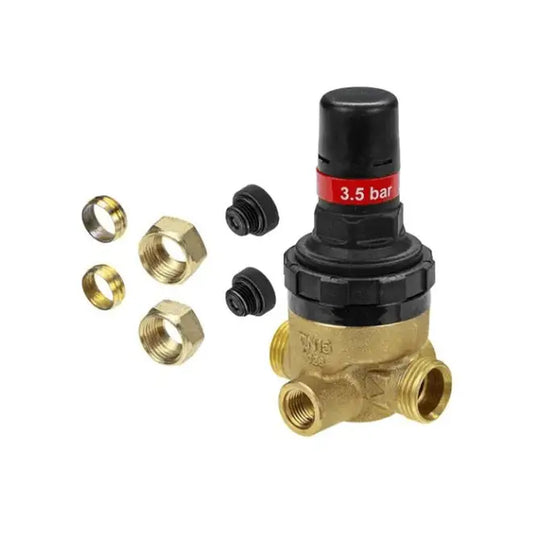 A brass and black pressure regulator valve with four brass nuts and two black caps shown beside it on a plain white background. The regulator has a red band marked '3.
