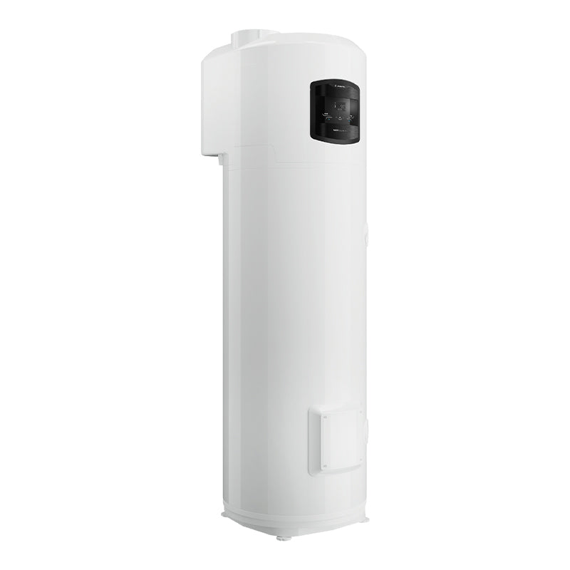 A tall white cylindrical water heater or tankless boiler with a small black digital display window near the top, shown against a plain white background.