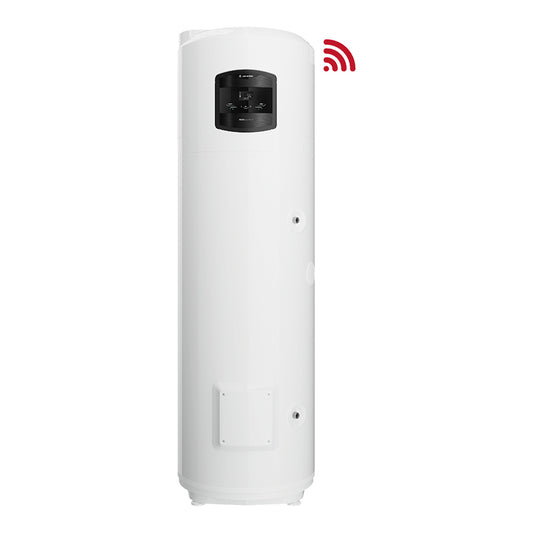 A tall white cylindrical water heater or storage tank with a black front control window and a small red wireless signal icon above it, shown on a plain white background.