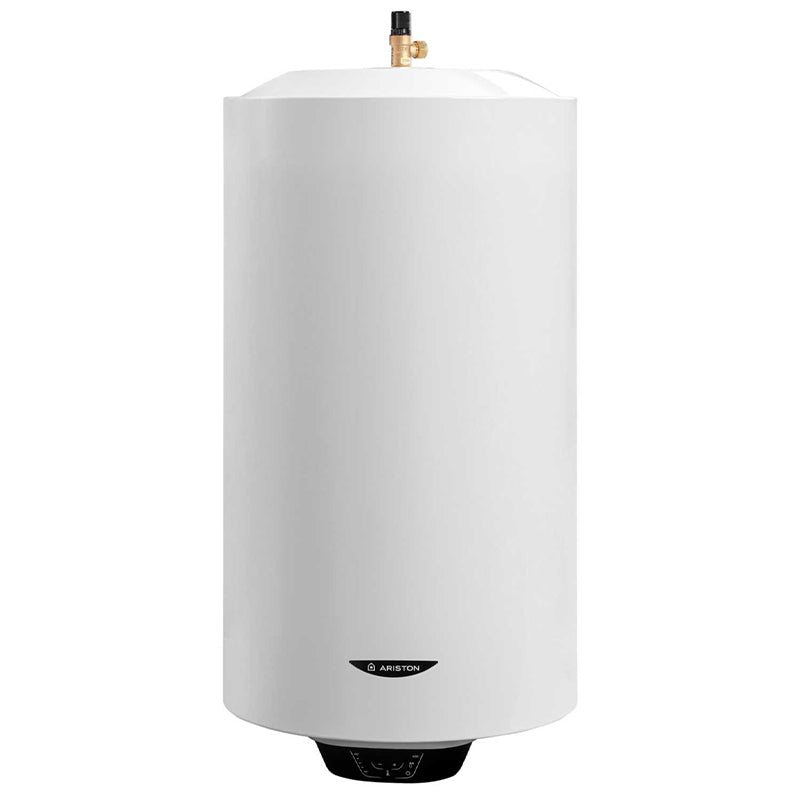 A white cylindrical electric water heater with a black brand label near the bottom and a small brass valve at the top, shown on a plain white background.