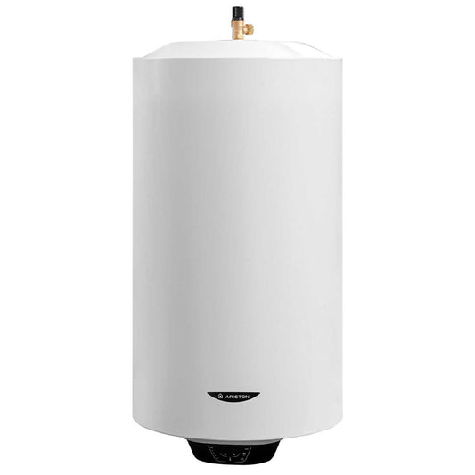 A white cylindrical electric water heater with a black brand label near the bottom and a small brass valve at the top, shown on a plain white background.