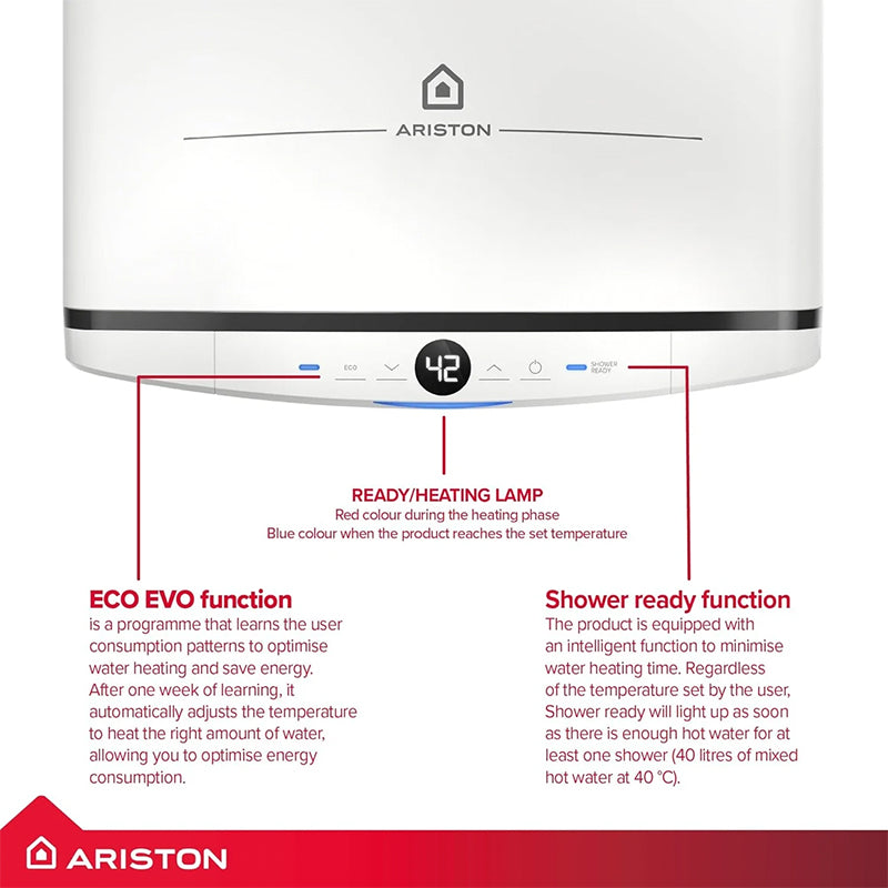 Ariston Velis water heater control panel diagram showing the front button layout, ready/heating lamp indicator, ECO EVO function description, and shower ready function description on a white background.
