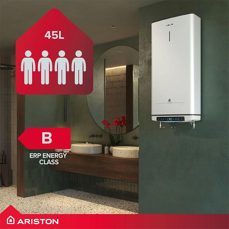 A white Ariston wall-mounted water heater shown in a modern bathroom setting, with overlaid red informational graphics indicating 45L capacity, B ERP energy class, and the Ariston brand.