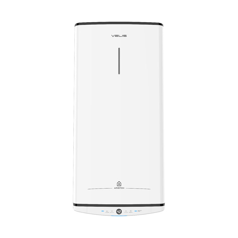 A tall, slim white wall-mounted water heater with black trim at the top and bottom, featuring a vertical indicator light and a small control panel with blue accents at the base. The brand name 'VELIS' is visible near the top.