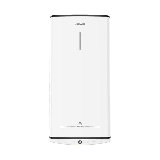 A tall, slim white wall-mounted water heater with black trim at the top and bottom, featuring a vertical indicator light and a small control panel with blue accents at the base. The brand name 'VELIS' is visible near the top.