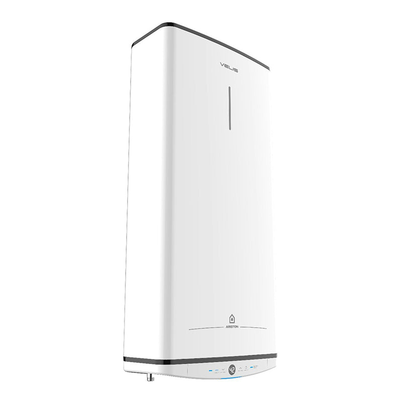 Lateral view of the Ariston Velis Pro 80 litre water heater on a white background