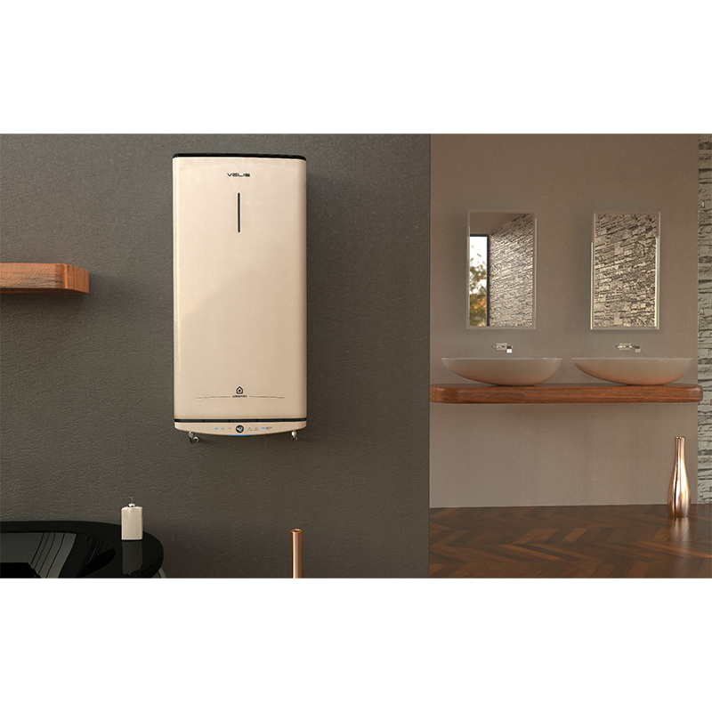 A tall slim white water heater in a modern bathroom setting