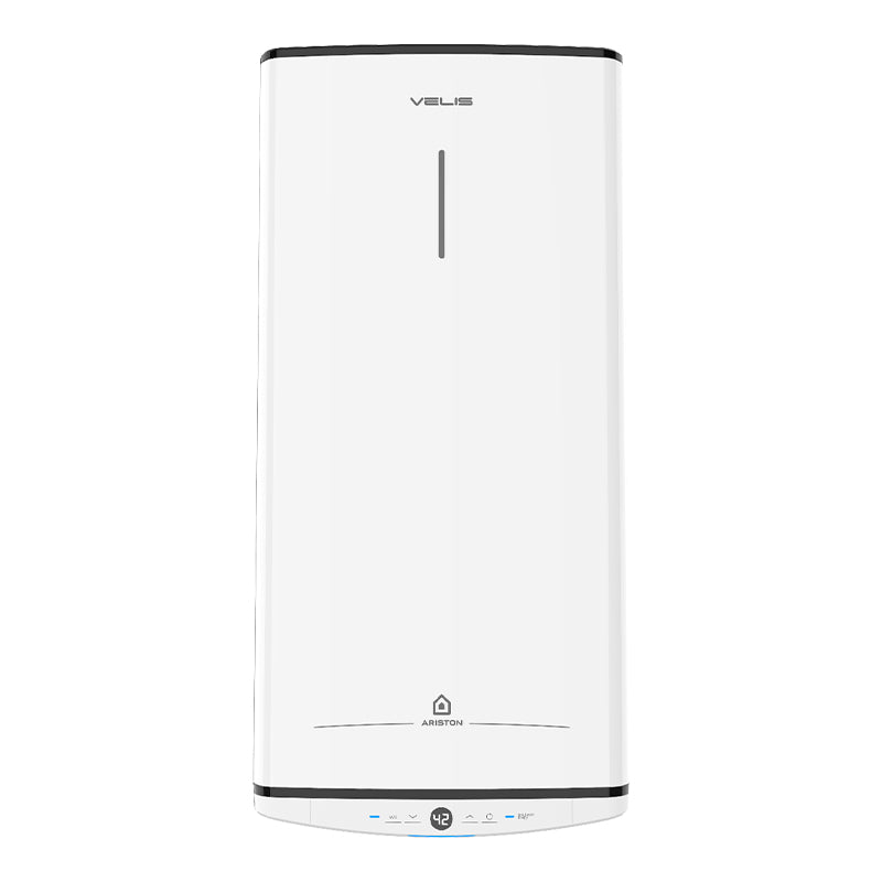 An Ariston Velis PRO slimline 80L water heater frontal view on a plain white background