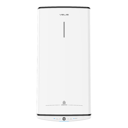 An Ariston Velis PRO slimline 80L water heater frontal view on a plain white background