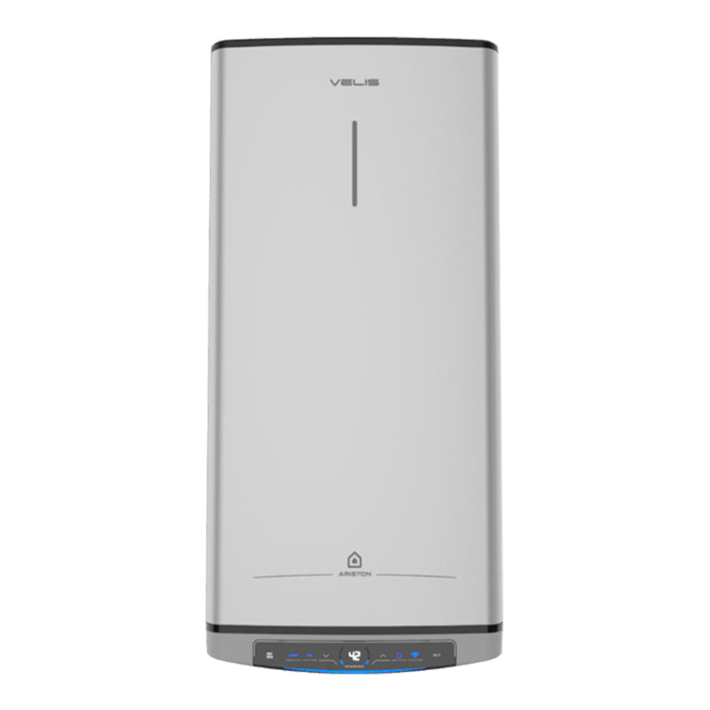 A sleek, modern vertical water heater or appliance in brushed silver with black trim at the top and bottom, featuring a minimalist front design and a digital control panel with blue LED accents.