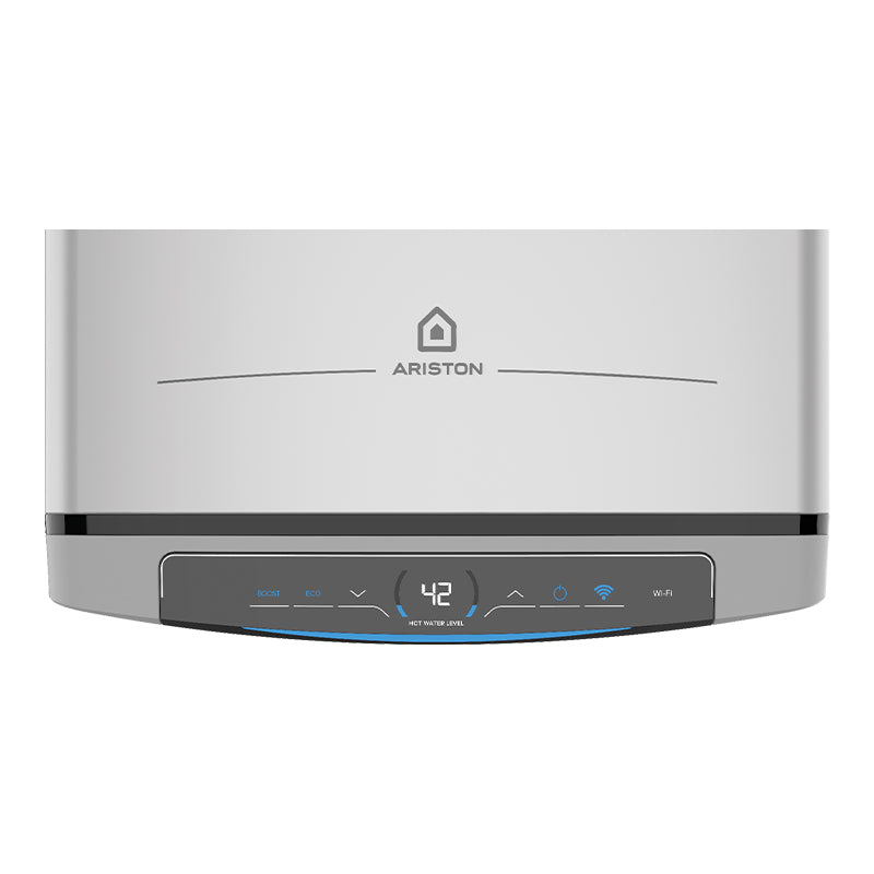 Ariston smart water heater control panel in silver and black, featuring a digital display showing 42 and blue LED indicator lights, on a solid white background.