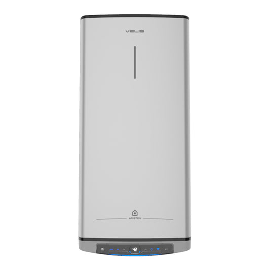 A sleek, modern vertical water heater or appliance in brushed silver with black trim at the top and bottom, featuring a minimalist front design and a digital control panel with blue LED accents.