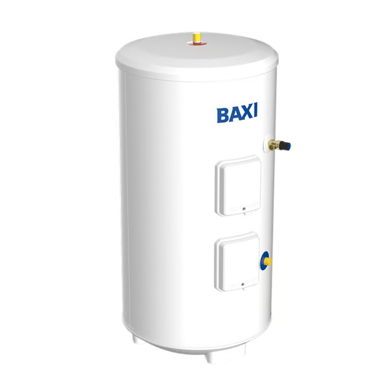 White cylindrical water heater with BAXI branding on a white background