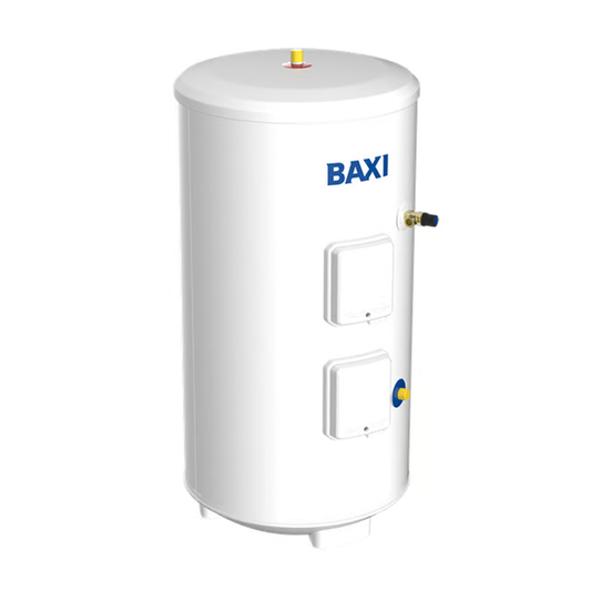 White cylindrical water heater with BAXI branding on a white background