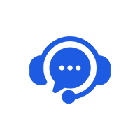 Blue icon of a speech bubble with headphones on a white background