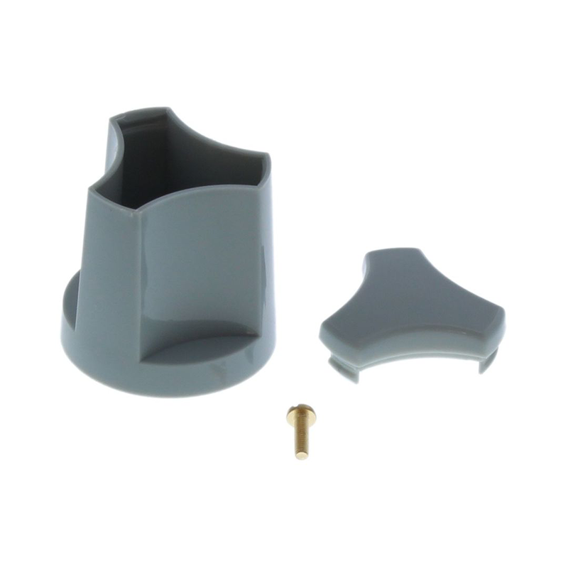 Gray plastic components with a screw on a white background