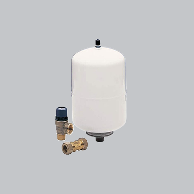 White cylindrical pressure tank with brass connectors on a gray background
