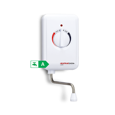 Wall-mounted hand wash water heater with a dial and spout on a white background
