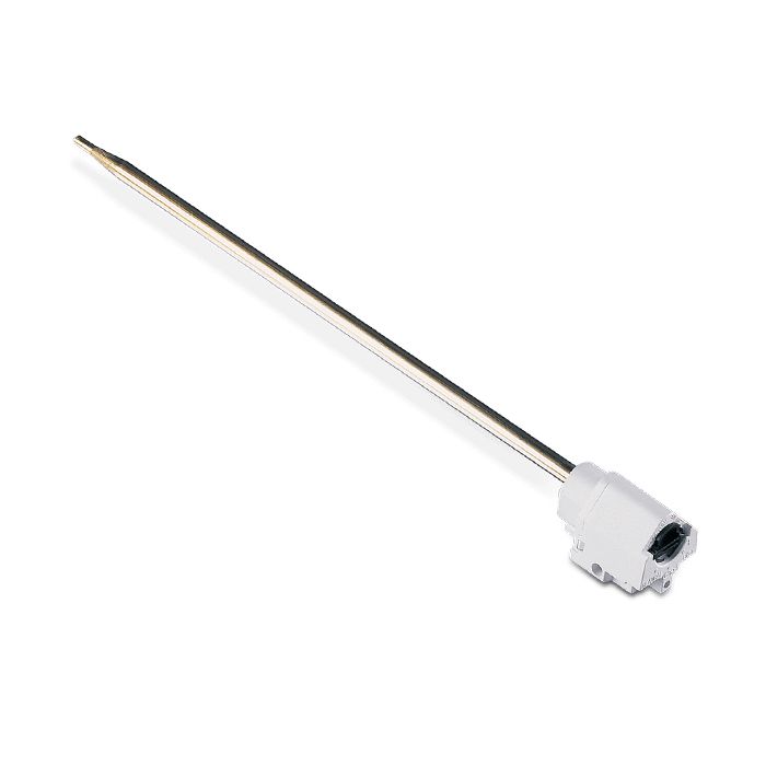 White electronic component with a metallic probe on a white background