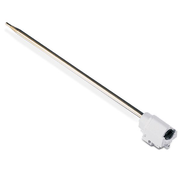 Thermocouple probe with white body and metallic tip on a white background