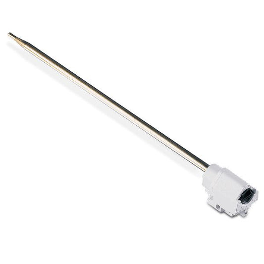 Thermocouple probe with white body and metallic tip on a white background