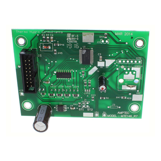 Green electronic circuit board with various components on a white background