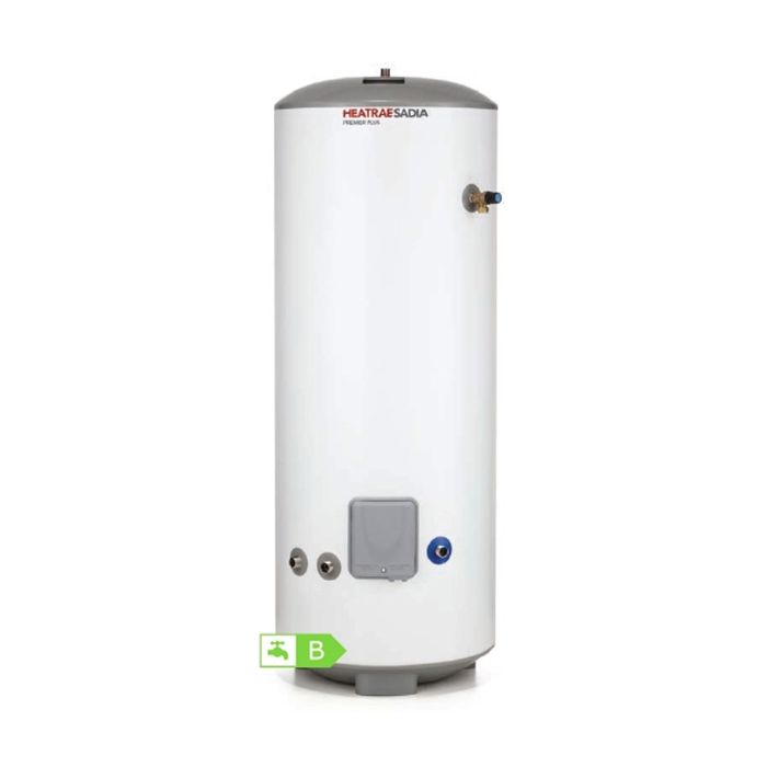 White cylindrical water heater with 'Heatrae Sadia' branding on a white background