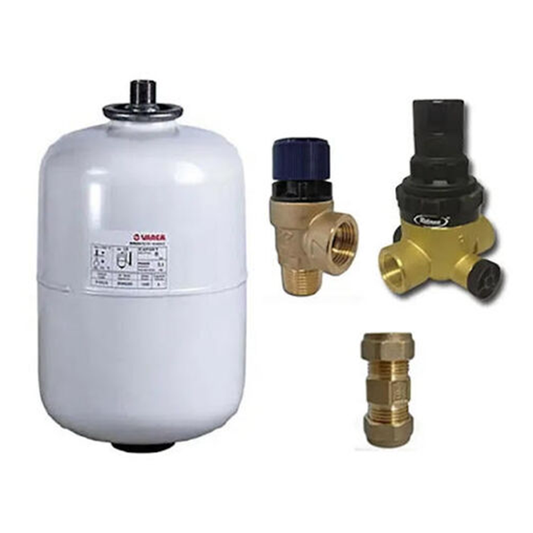White pressure tank with brass plumbing components on a white background