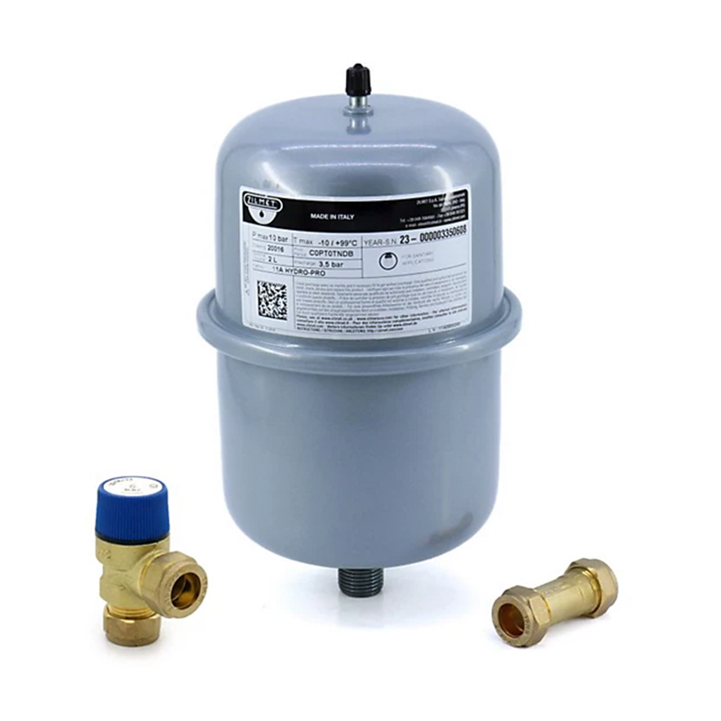 Gray cylindrical pressure tank with brass valve and connector on a white background