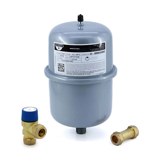 Gray cylindrical pressure tank with brass valve and connector on a white background