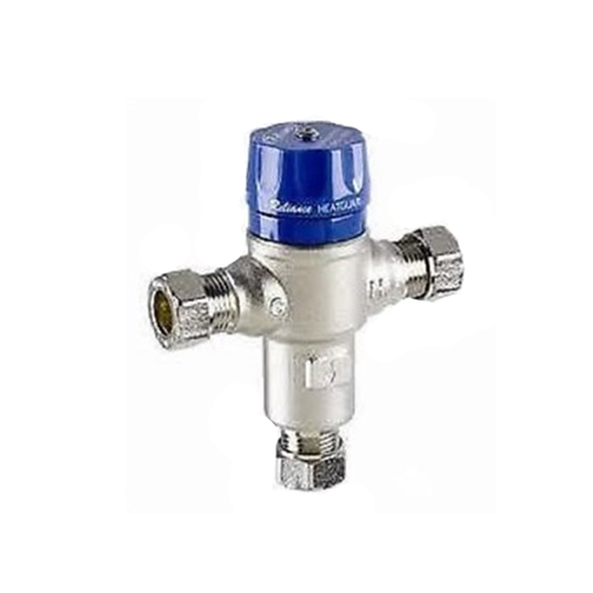 Valve with blue top and metal body on a white background