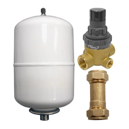 White pressure tank with brass plumbing components on a white background