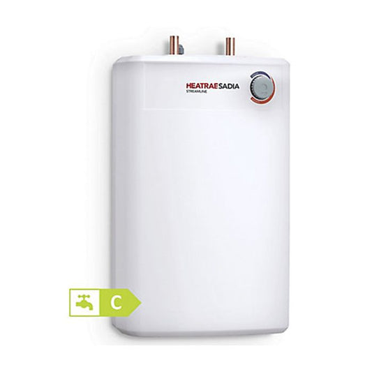 White water heater with HEATRAE SADIA branding on a white background