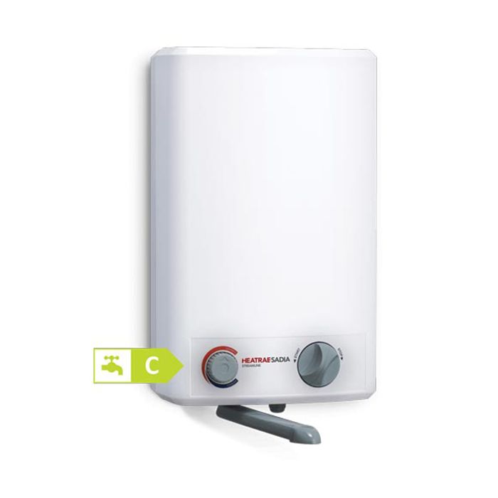 White wall-mounted water heater with control knobs on a white background