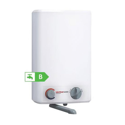 A white Heatrae Sadia wall-mounted water heater with a green and white 'B' energy rating graphic overlay, set against a plain white background.