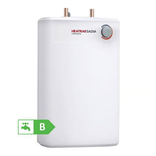 Heatrae Sadia Streamline white undersink water heater on a white background with an ErP rating B in green