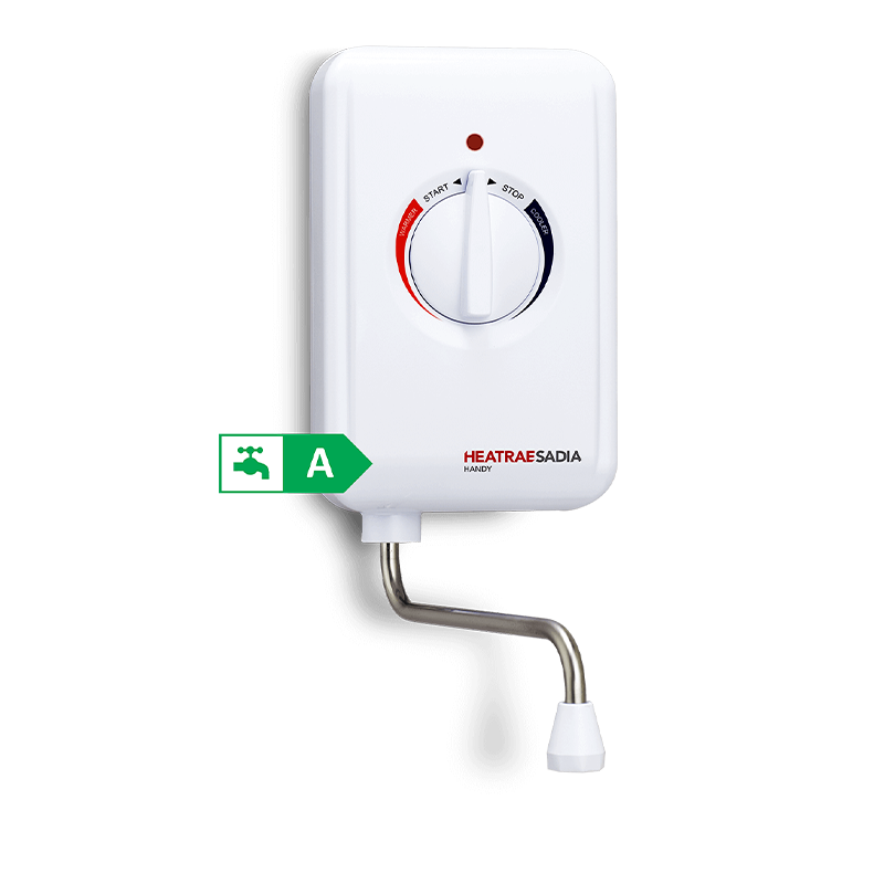 Wall-mounted water heater with control knob and HEATRAEASADIA branding on a white background