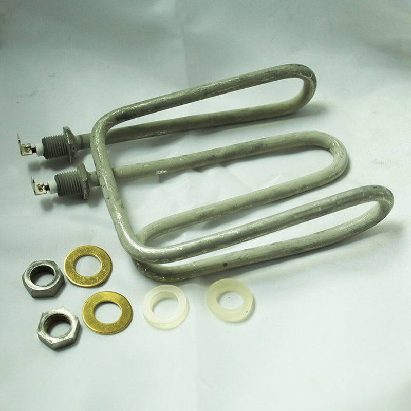 A U-shaped metal heating element coil with two threaded leads, shown on a white background with mounting hardware including nuts, washers, and gaskets.