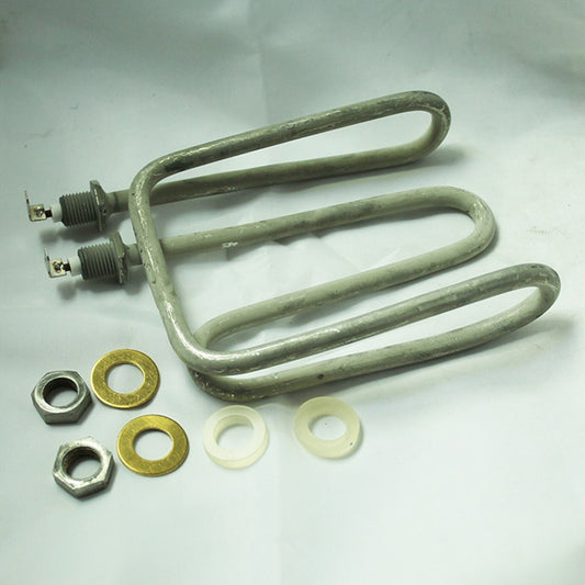 A U-shaped metal heating element coil with two threaded leads, shown on a white background with mounting hardware including nuts, washers, and gaskets.