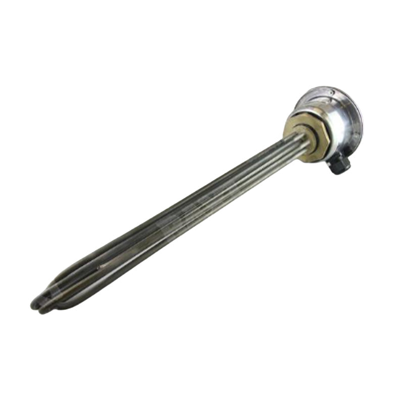 A metal electric heating element with a cylindrical body, three parallel internal heating coils, and a polished metal end cap with a small black connector, shown on a plain white background.
