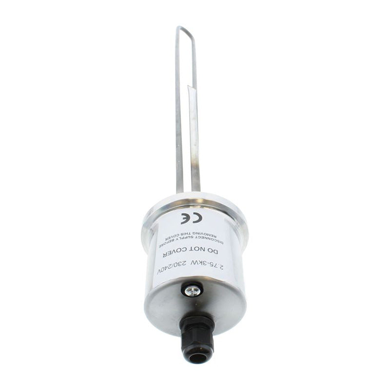 A cylindrical heating element with a long vertical metal arm, a white label with black text, and a black connector at the bottom, isolated on a white background.