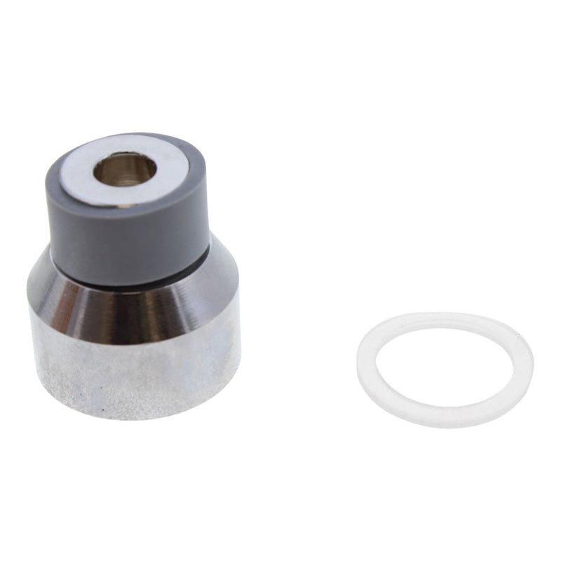 A metal cylindrical component with a dark gray top section and a silver base, shown next to a small white circular gasket on a plain white background.