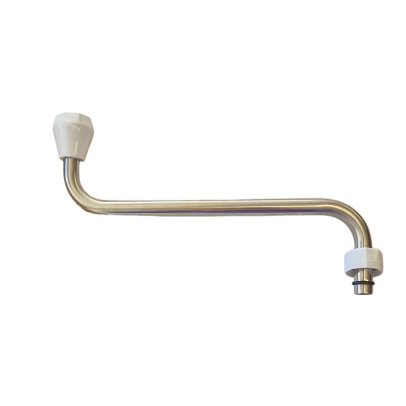 Brass hand was faucet handle with white plastic sleeves on a white background