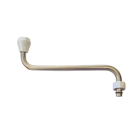 Brass hand was faucet handle with white plastic sleeves on a white background